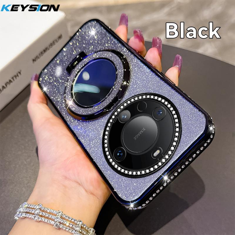 KEYSION Luxury Glitter Jewelled Magnetic Phone Case for Huawei Mate 60 Pro 50 Pro 40 Pro Makeup Mirror Stand Shockproof Cover