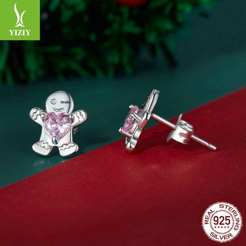 Yinziyun Gingerbread Man and Pink Heart Zircon S925 Sterling Silver Stud Earrings for Women