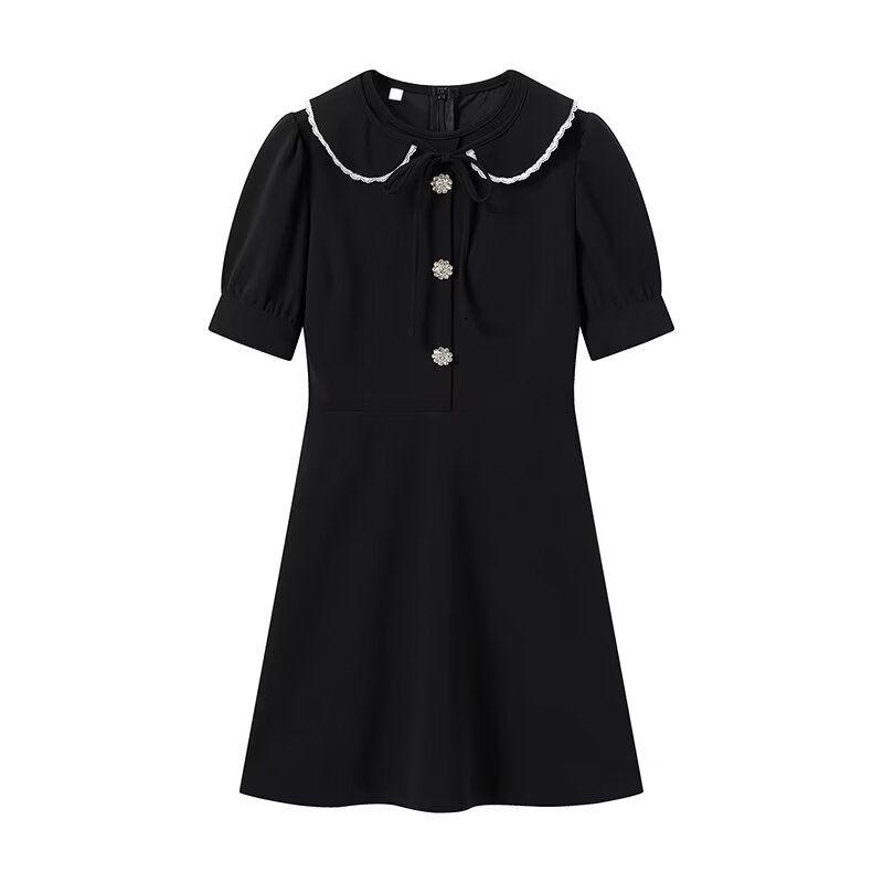 

Spring New Women s Clothing French Hepburn Style Waist-Tight Slim Looking Elegant A- line Style Detachable Doll Collar Dress Black L