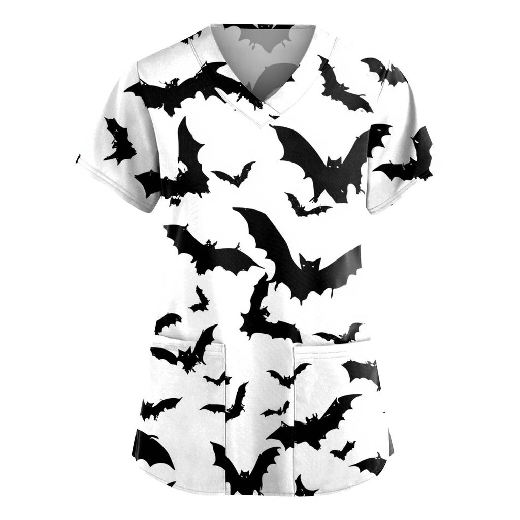Women's Fashion V-Neck Short Sleeve Overalls With Pockets Halloween Printed Tops  Apparel