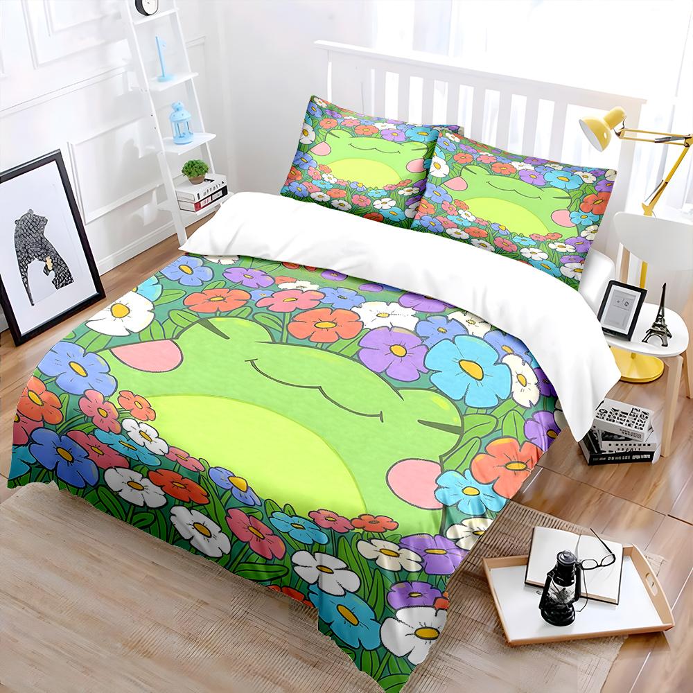 3PC Green Frog in Colorful Flowers Print Bedding Set 1 Duvet Cover 2 Pillowcases for Adult and Children Luxury Gift Full Size