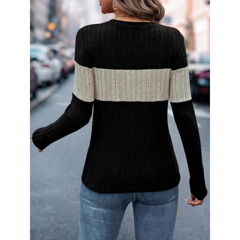 Women's Fall/Winter Contrasting Crewneck Long-Sleeved Top T-shirt