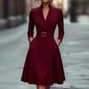 Women's Fashionable Workwear Solid-Colour Waist-Defining V-Neck Full-Skirted Long-Sleeved Dress
