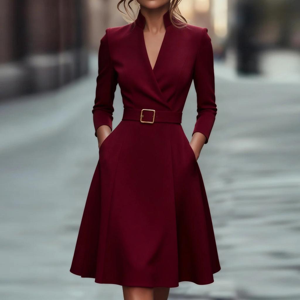 Women's Fashionable Workwear Solid-Colour Waist-Defining V-Neck Full-Skirted Long-Sleeved Dress