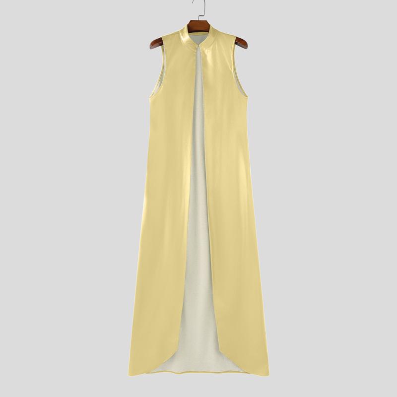 INCERUN Men Stand Collar Sleeveless PU Open Front Faux Leather Long Maxi Cardigan Coats