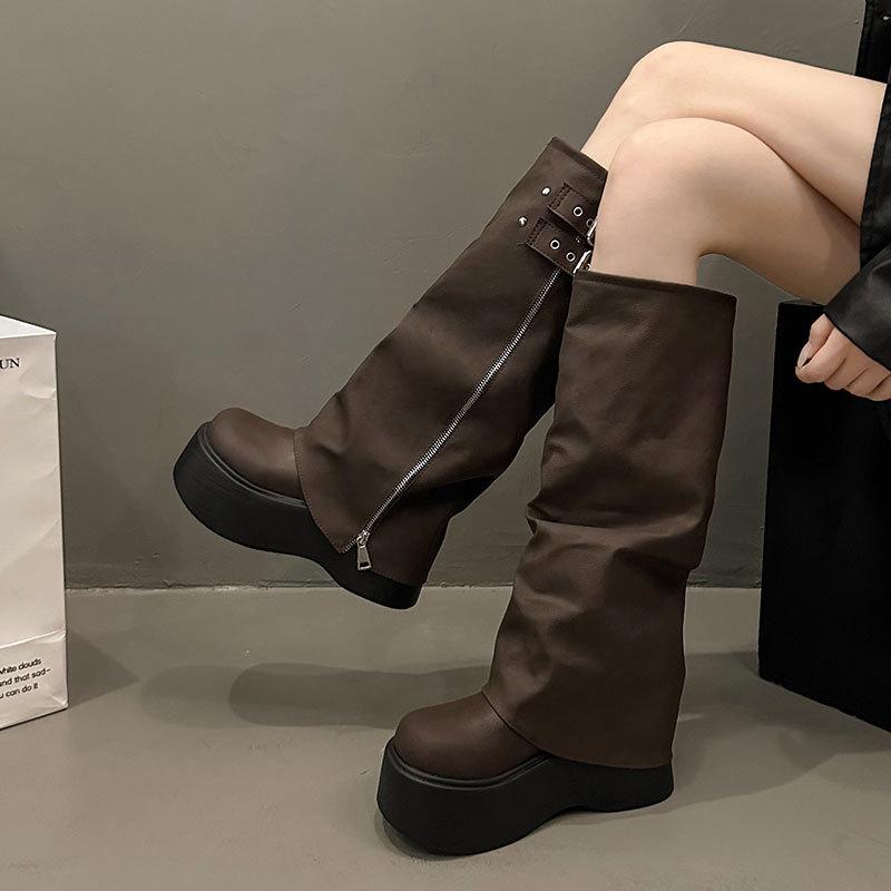 Boots Women's thick soles increase height Spring and Autumn new muffin folds stacked pants tube boots Small tall boots