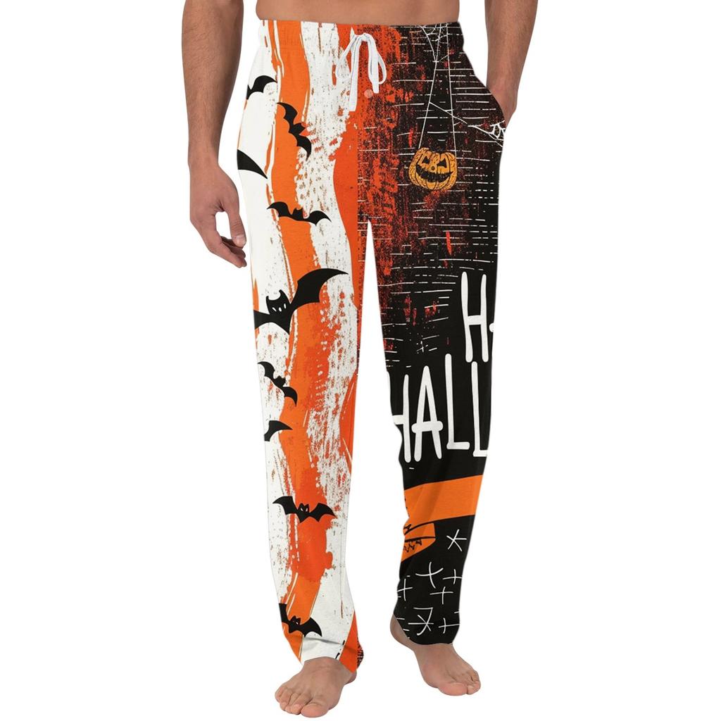 Men's Halloween Print Pocket Casual Pants with Drawstring Waistband Comfortable Fit Lounge Sleepwear Bottoms for Home Use