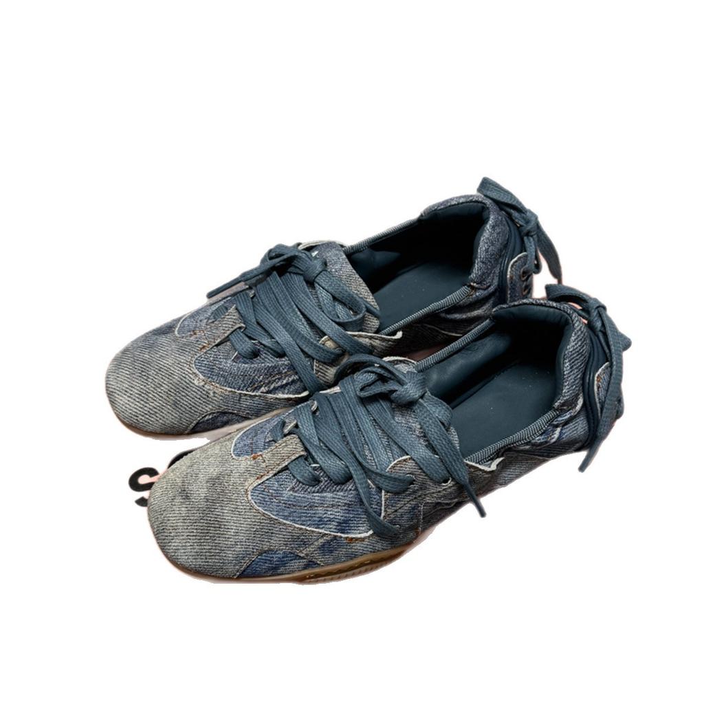 Cowhide version~ retro denim ballet shoes lace-up pleated German training shoes women's one-pedal flat-soled single shoes casual shoes