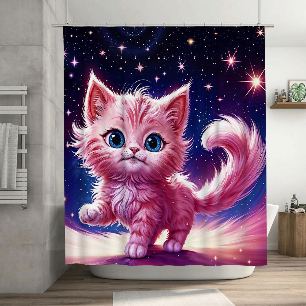 Whimsical Pink Kitty Shower Curtain: Starry Night Fantasy Decoration for Bathroom Decor Ideal Gift Idea (180x200 cm)