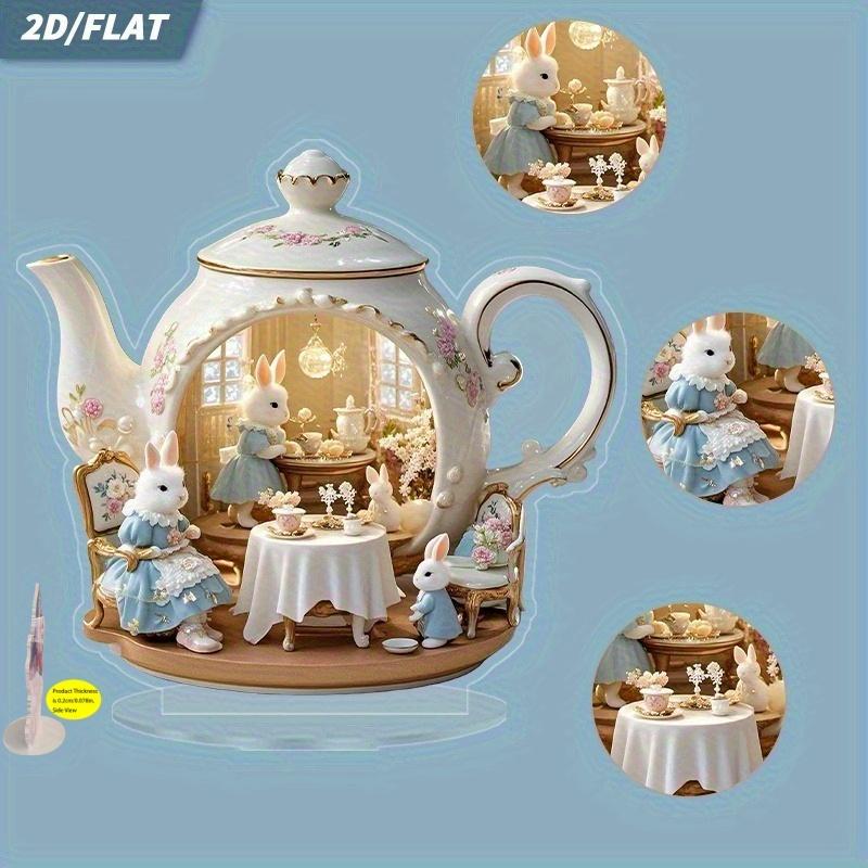 1pcs Rabbit Family Enjoys Afternoon Tea, Multi Functional Desktop Decorations. 2D Plane,. Suitable for Home Decoration