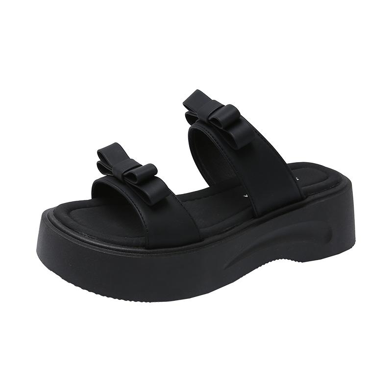 Fashion Platform Slippers Women Summer New Outside Wear Fashion Round Toe Open Toe Bow One Strap Non-slip Cool Mopping