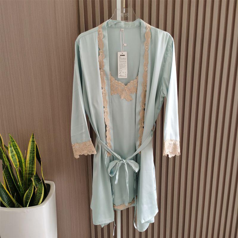 

2023 New Arrival Pajamas Women s Spring Sexy Two-Piece Suit Silk Nightdress Summer Thin with Shoulder-Straps Ice Silk Robe Suit Blue L
