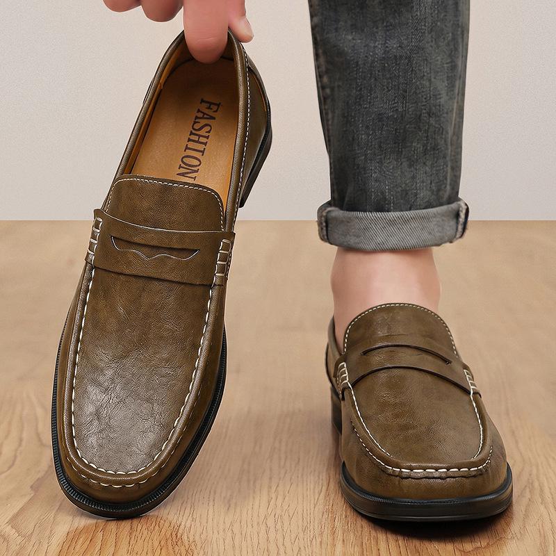 Plus Size Men's Genuine Leather Slip-On Loafers - Casual Driving Shoes with Heel
