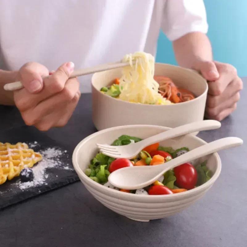 Kuchyňské potřeby Jednobarevná miska na instantní nudle ze pšeničné slámy Odolná proti pádu Sada nádobí Mísa Víko Velká kapacita Miska na rýži
