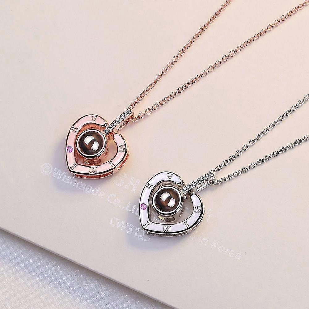 Women's Memory Clavicle Chain, Heart Pendant with 100 Languages I Love You, Copper Zircon Inlay