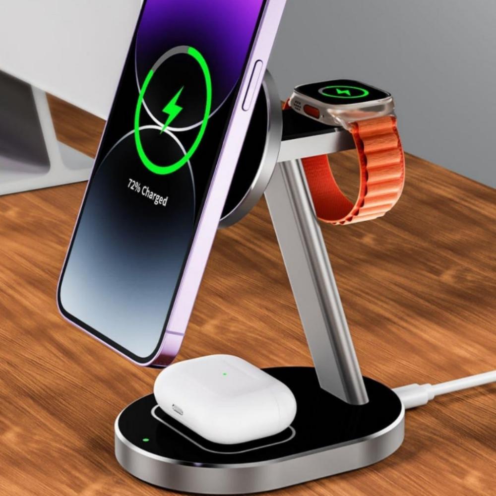 Der 3-in-1-Desktop-Ständer für kabellose Ladegeräte aus Aluminiumlegierung eignet sich zum kabellosen Laden von iPhone-Uhrenkopfhörern