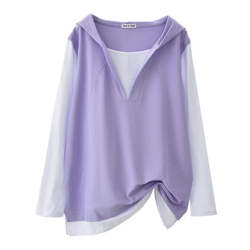 Felpe con cappuccio da donna taglie forti primavera autunno maniche lunghe finto due pezzi top casual larghi felpa con cappuccio oversize