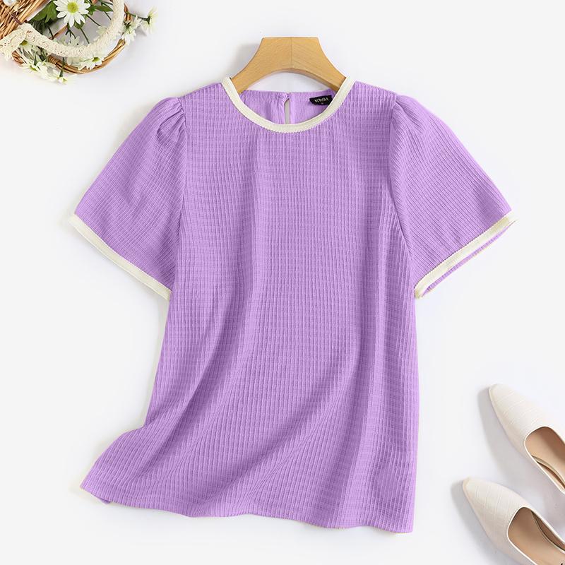 

Жіноча літня вільна вафельна блуза з круглим вирізом і коротким рукавом, пряма, однотонна S фіолетовий