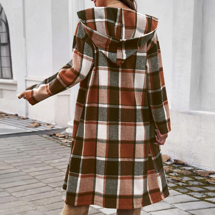 Autumn Winter New Women's Casual Daily Everything Loose V-neck Contrast Color Breasted Medium Long Sleeve Hooded Coat