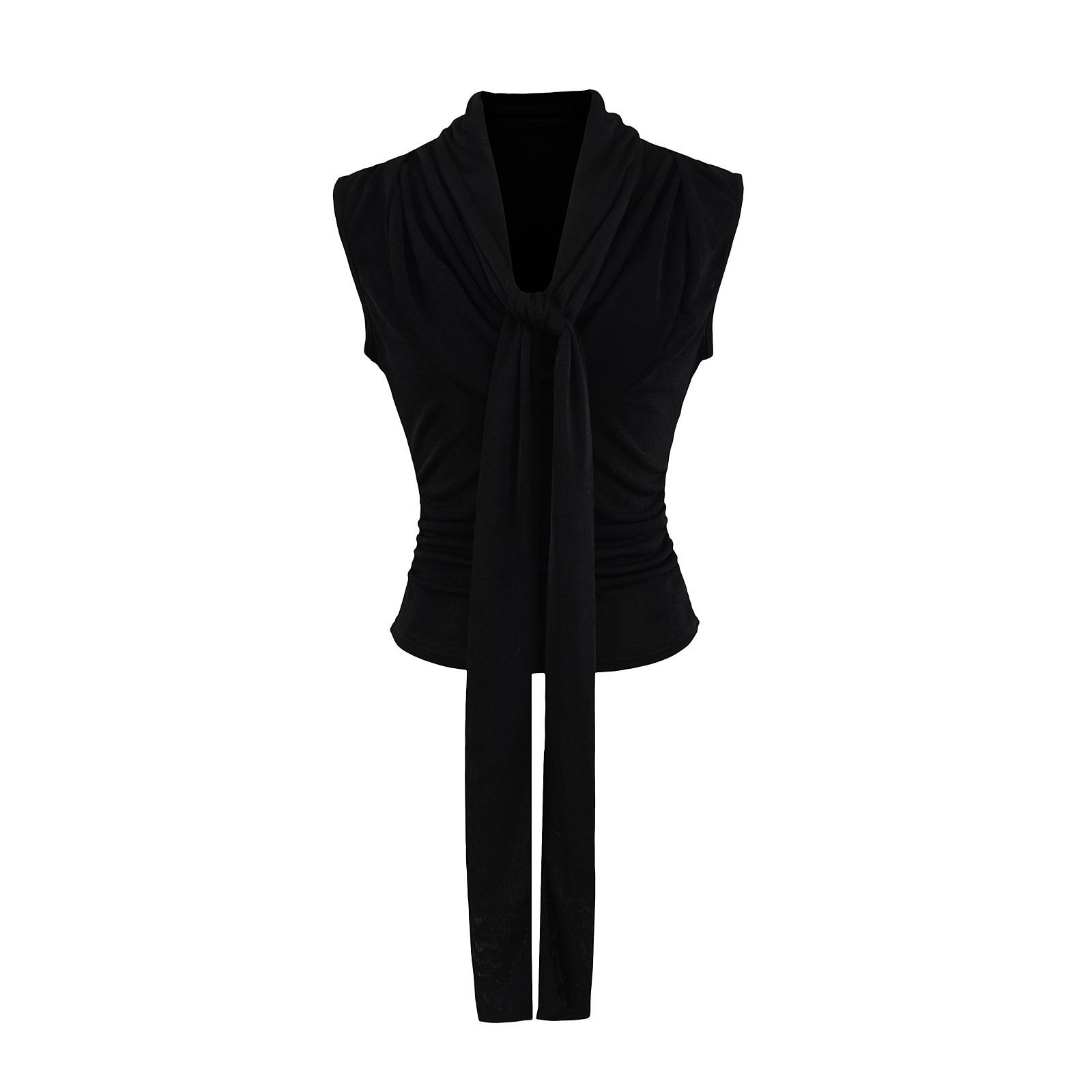 

Женская пикантная майка без рукавов с драпировкой на шее и шнуровкой - Летняя сексуальная, стройнящая, с драпировкой на талии Large чёрный