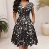 V-Neck Floral Print Midi Dress with Ruffled Waist In Multi-colors
