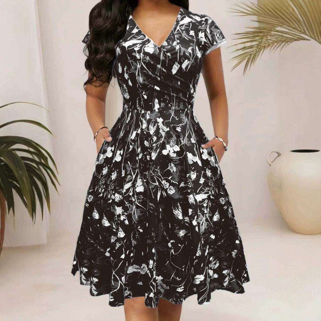 V-Neck Floral Print Midi Dress with Ruffled Waist In Multi-colors