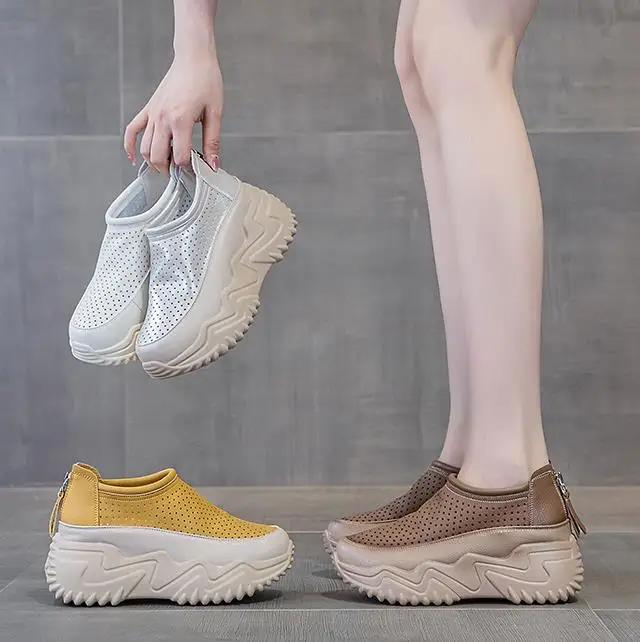 Fashion High quality 7CM Genuine Leather Shoes Sandals Platform Wedge Women Chunky Sneakers Ladies Casual Hollow Summer Vulcanized shoes