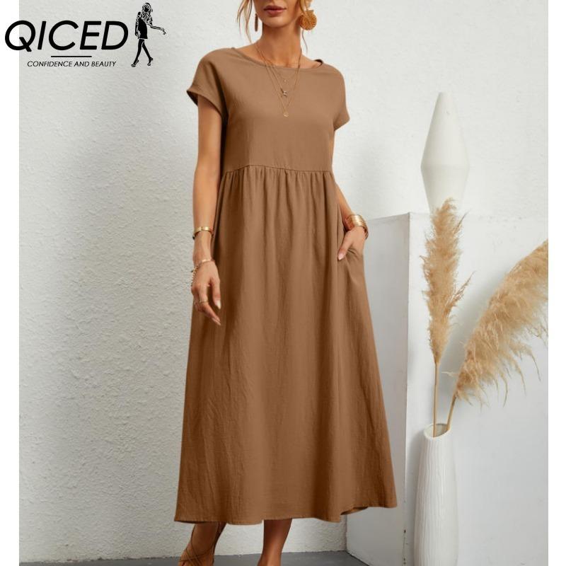 QICED Women's Fashion Summer Spring Solid Color Print O-Neck High Waist Casual Dresses