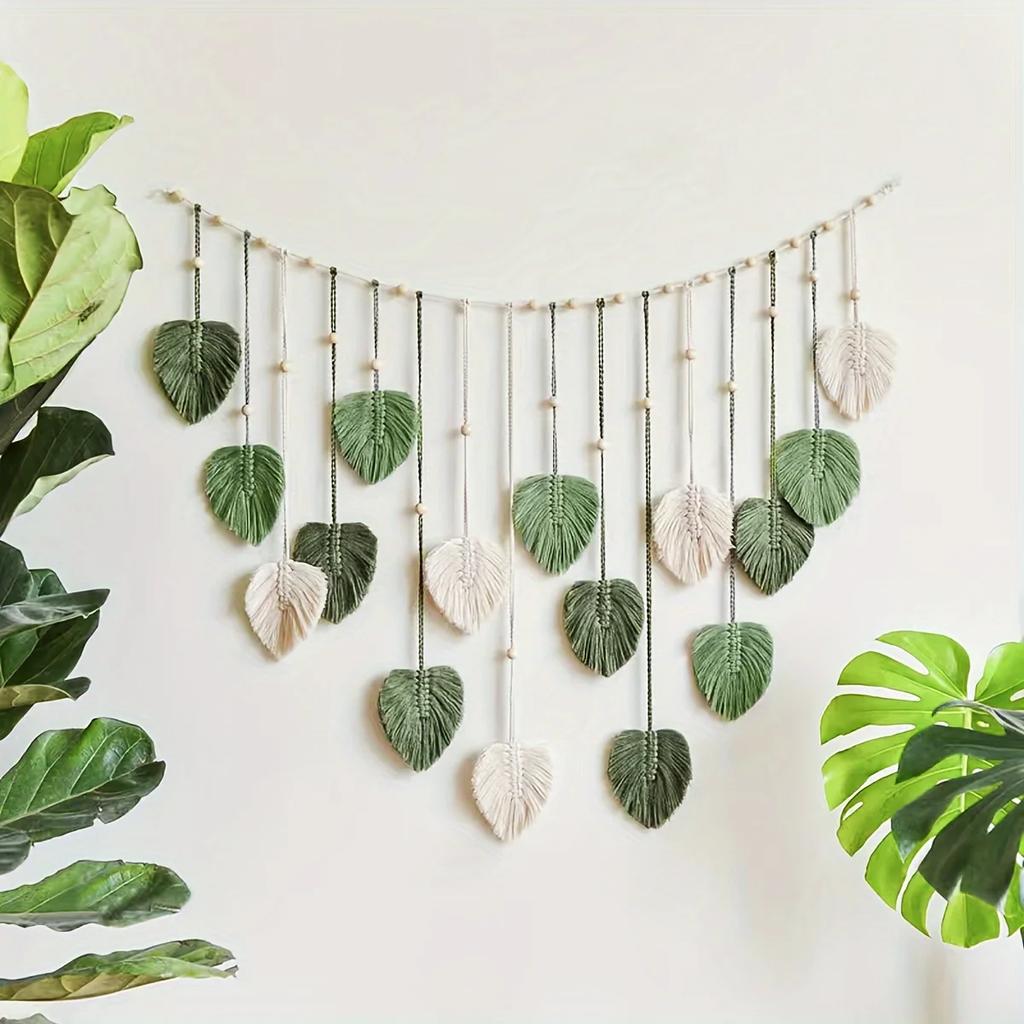 Modern Woven Wall Decor, Beautiful Room Decor, Green Leaves Hanging On The Walls, Bohemian Style, Feather, Ramadan Easter Gift