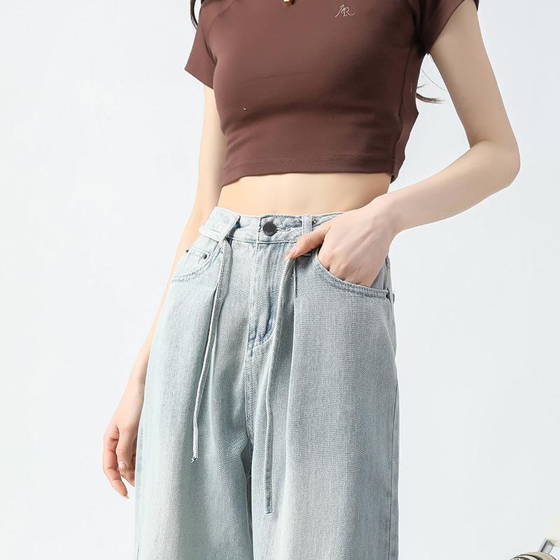 

Светлые джинсы для стирки для женщин, полные весенне-осенние большого размера с высокой талией, прямые свободные, широкие брюки, стройнящие XXL