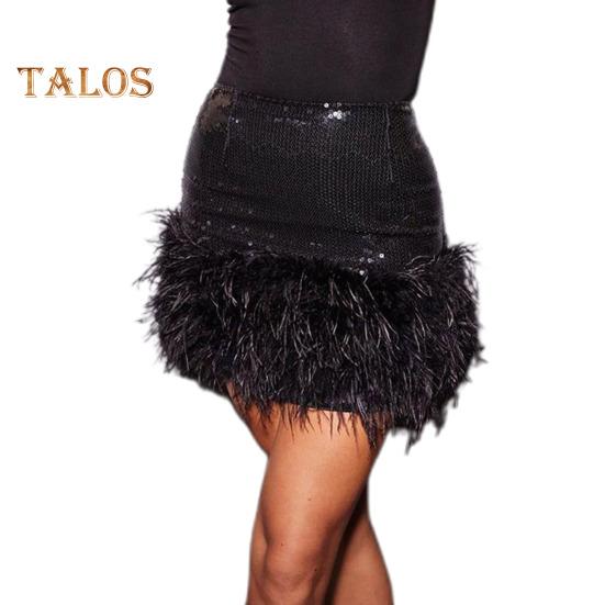 

Женская мини-юбка с высокой талией, блестящие пайетки, меховой подол, короткая юбка, однотонная, приподнимающая бедра, сексуальная юбка для клуба L чёрный