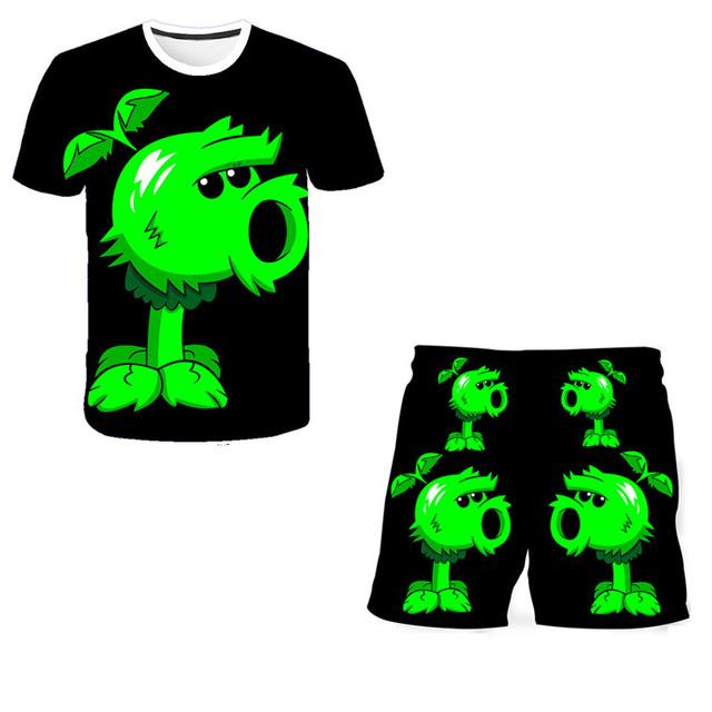 2025 NEW 4-14 Year Old Boys and Girls 3D Plant VS Zombie Printed T-shirts+Shorts Two Piece Sets Fashion Sports T-Shirt Top + Shorts Set 2 Pieces