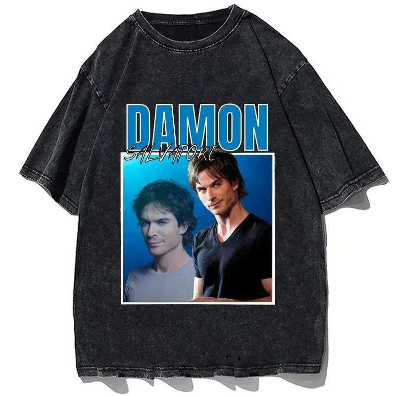 25 Horké Top Módní Damon Salvatore Vintage Praní Ian Somerhalder Dámské Tričko Street Wear Manga Krátký Rukáv Ležérní Harajuku