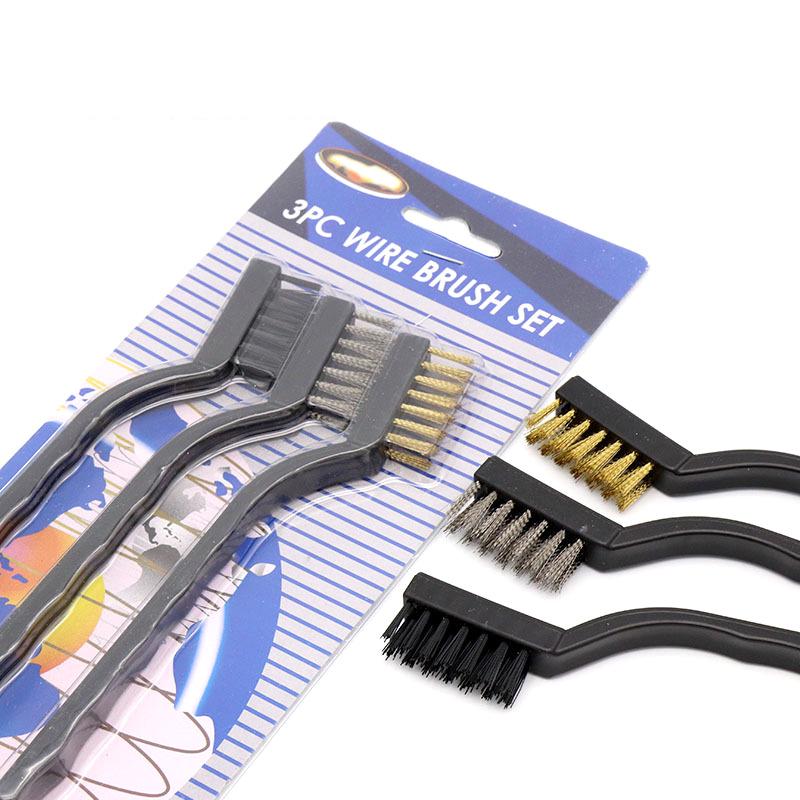 7-inch Industrial Cleaning Brush Set: Stainless Steel, Copper, Nylon Bristles – 3 Mini Brushes for Polishing.