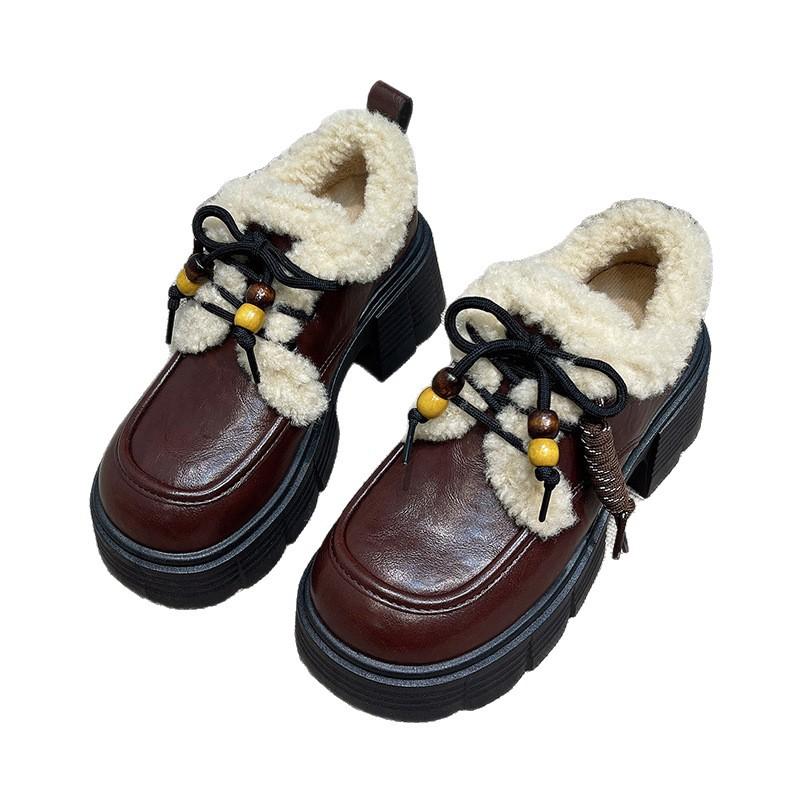 Winter Fluffy Shoes Women's 2025 New British Style Small Leather Shoes, Plush Thick-soled Warm Cotton Shoes, Casual Snow Shoes
