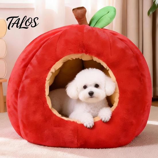 Weihnachtsgeschenk für Haustierbesitzer Apfelförmiges Katzenhöhlenbett, Plüsch-Versteck mit abnehmbarem Kissen, Warmes Neujahrs-Dekorationsbett, Gemütlich für kleine Hunde