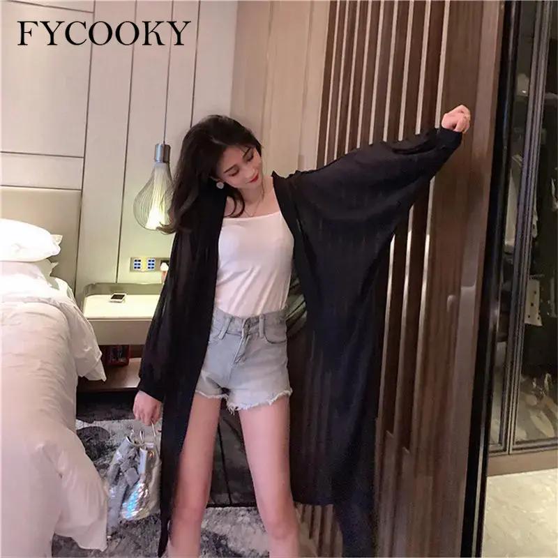 Summer Uv-protection Wear Women Korean Chic Loose Jacket Basics Chiffon Double Collar Design Lantern Sleeve Cardigan