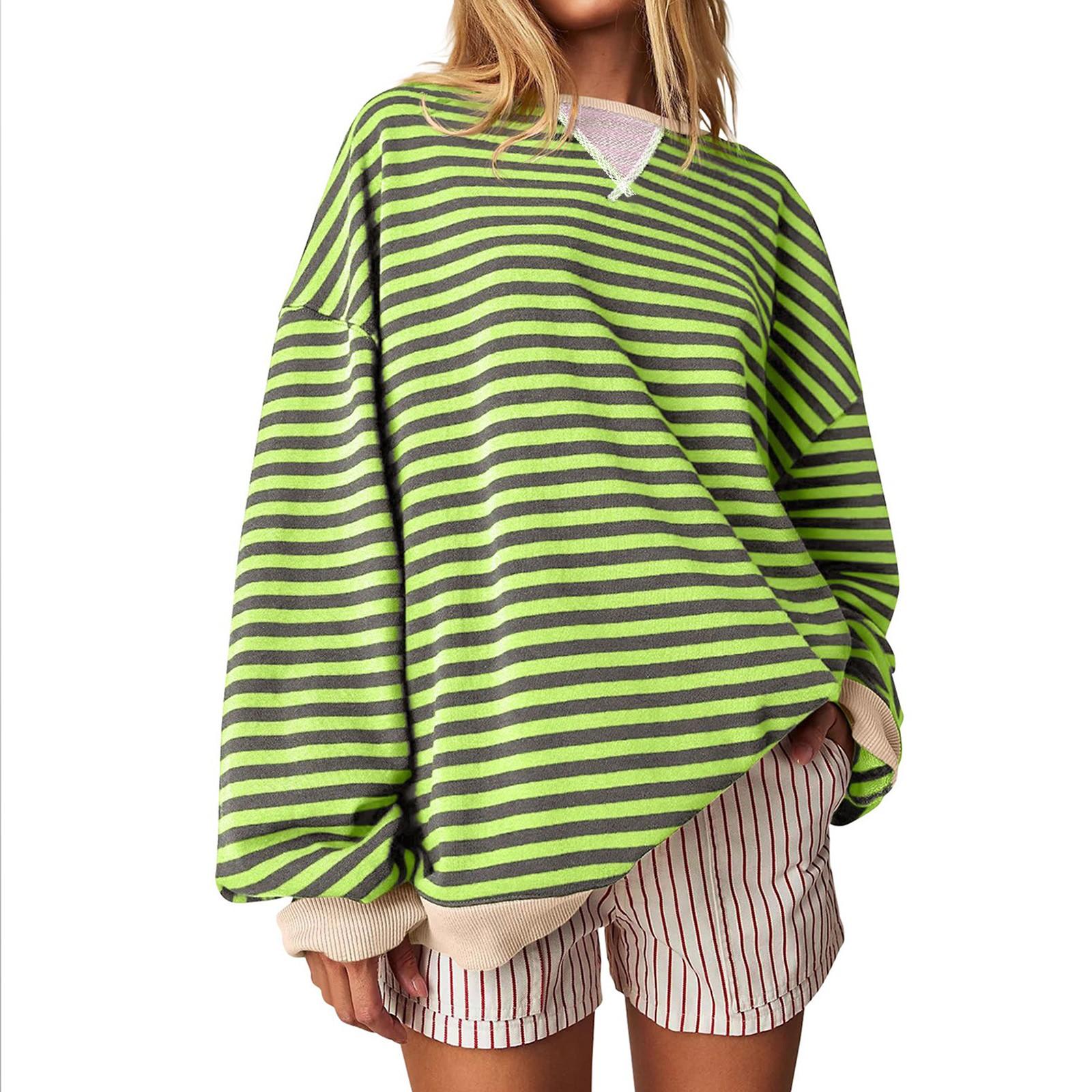 

Женская спортивная рубашка в полоску большого размера с длинными рукавами и круглым вырезом, повседневная свободная рубашка-пуловер, топ L зелёный