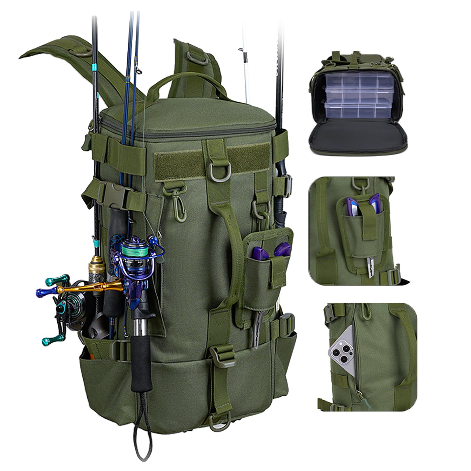 

Rortyno Fishing Large Outdoor Tackle Suitable for Disaster and Lure Olive Men s Backpack, Capacity, Multifunctional, Waterproof, Bag, 5-Way Design,