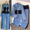 Denim Stitching Fashion Casual Set Spring and Autumn New Long Sleeve Top + Wide Leg Long Pants Two-piece Suit Set