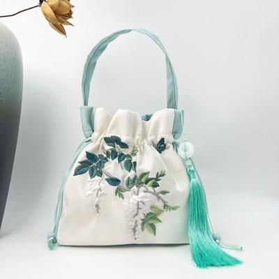 Ethnic Embroidery Drawstring Bag Silk Satin Shoulder Bag Chinese Ancient Crossbody Bag