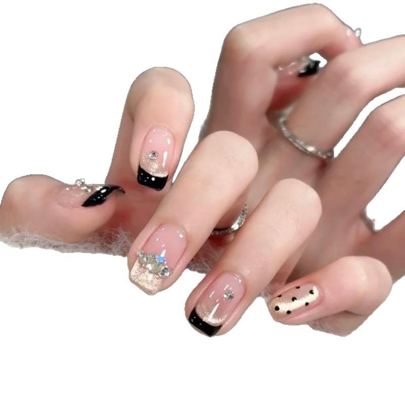 30 pieces of domestic best-selling nail art wear nail classic black French cat eye flash diamond polka dot short wear nail