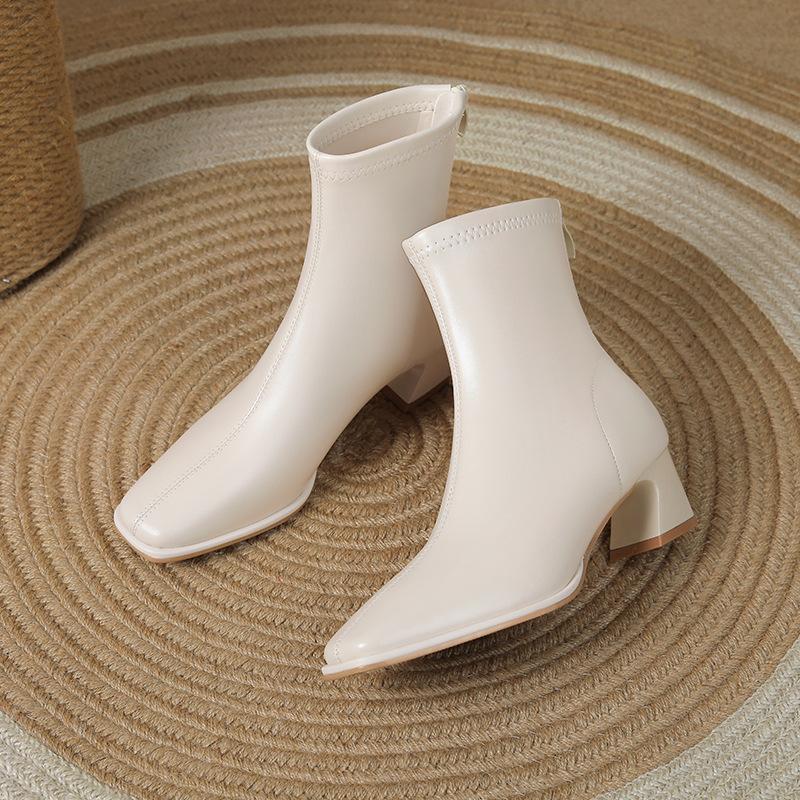 French thick heel short boots women's autumn and winter new commuting zipper elastic square head fashionable versatile medium tube thin boots