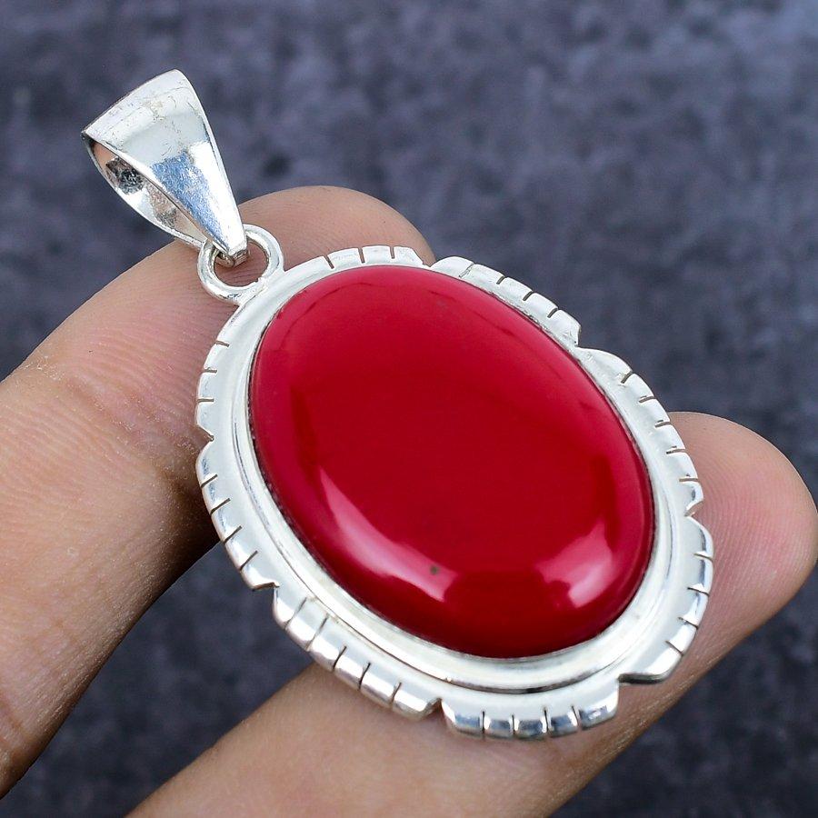 Natural Red Coral Gemstone 925 Sterling Silver Jewelry Pendant 2.05" N1M24