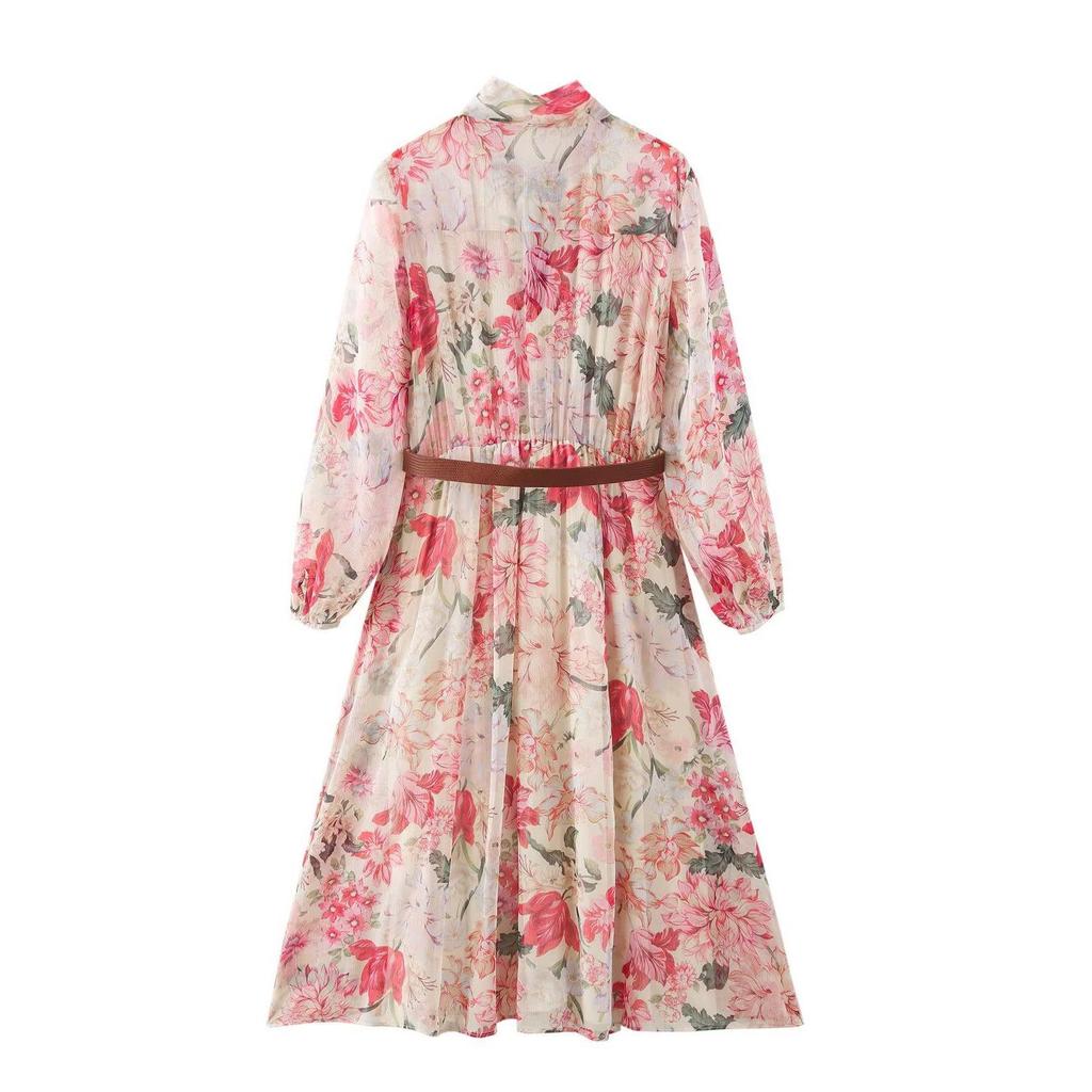TAOP&ZA Women's Floral Midi Dress with Belt - Spring/Summer Elegant Style