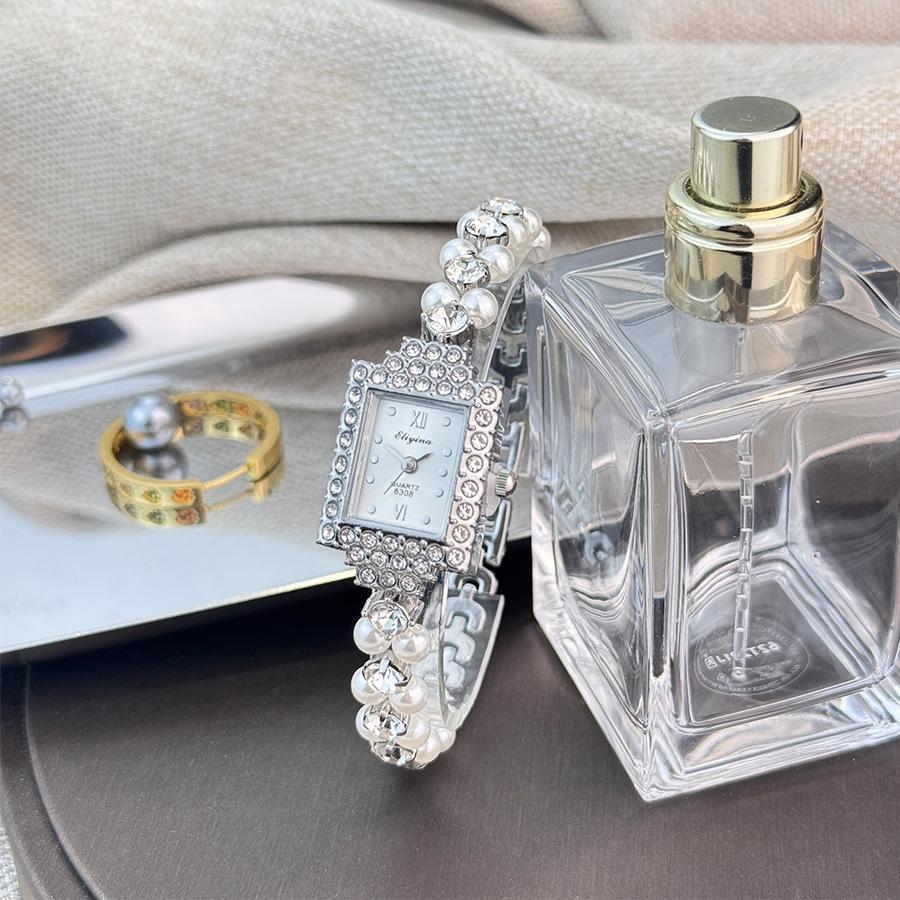 

Fashion Diamond Studded Dial Watch for Women Double Row Imitation Pearl Strap Wrist Watches Girls Clock Reloj Mujer