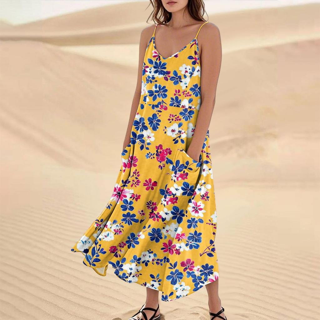 Women's Fashion Casual Floral Print Sleeveless Pocket Long Beach Dress