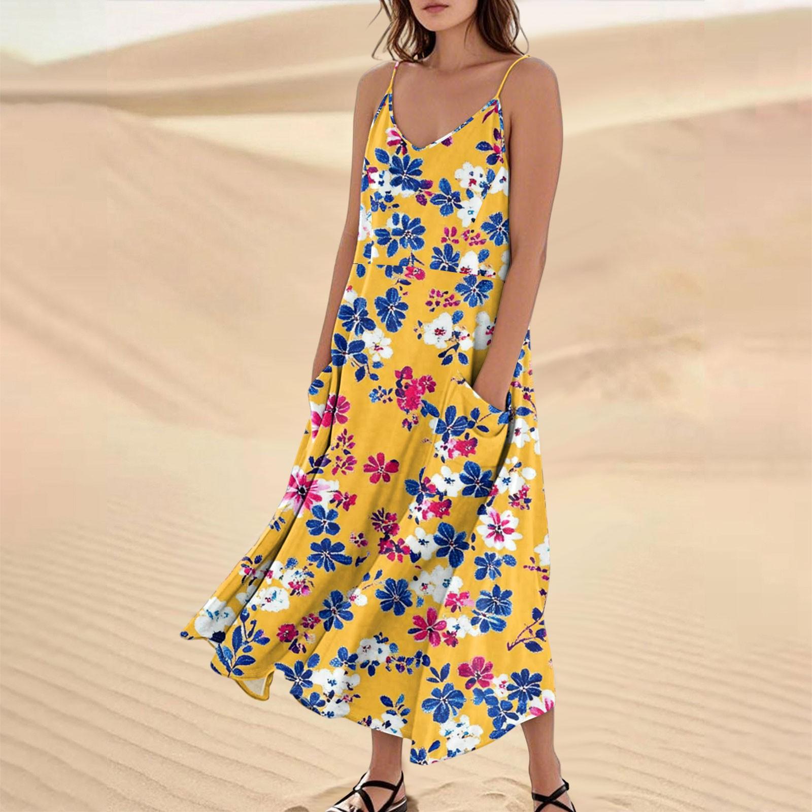 

Женское модное повседневное длинное пляжное платье без рукавов с карманом и цветочным принтом XL жёлтый