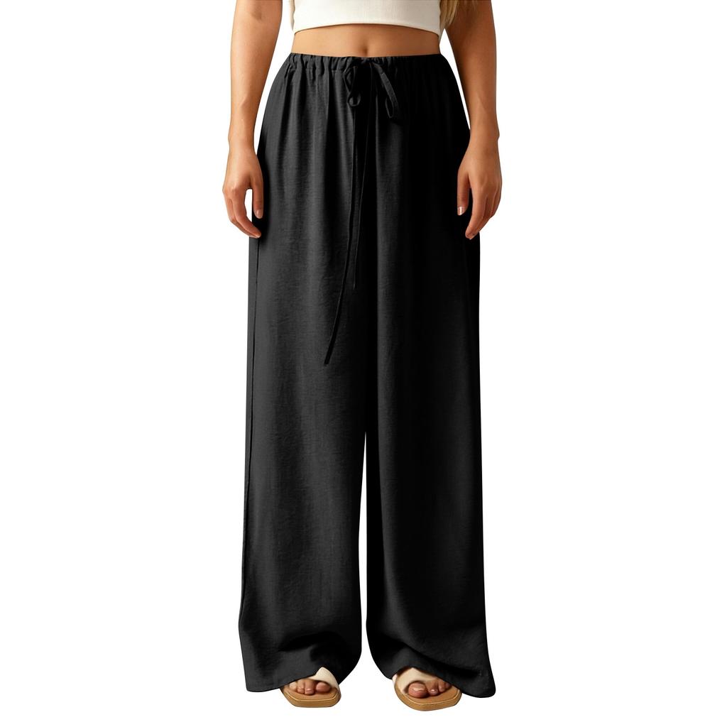 Women's Loose Wide-Leg Pants Casual Loose Cotton Linen Pants With Drawstring No Pocket