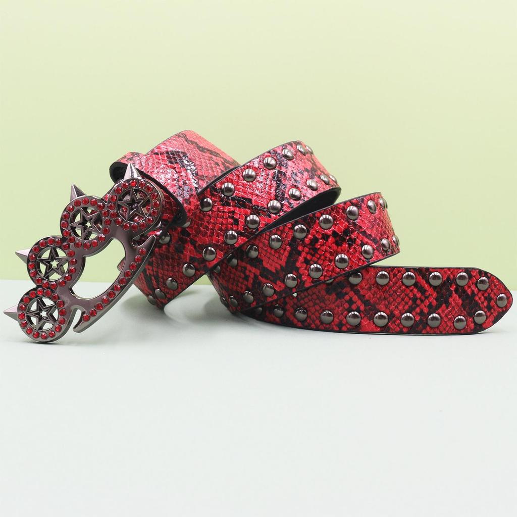 Rhinestone Tiger Claw Buckle Belt - Y2K Punk Rivet Women's Snake Skin Belt